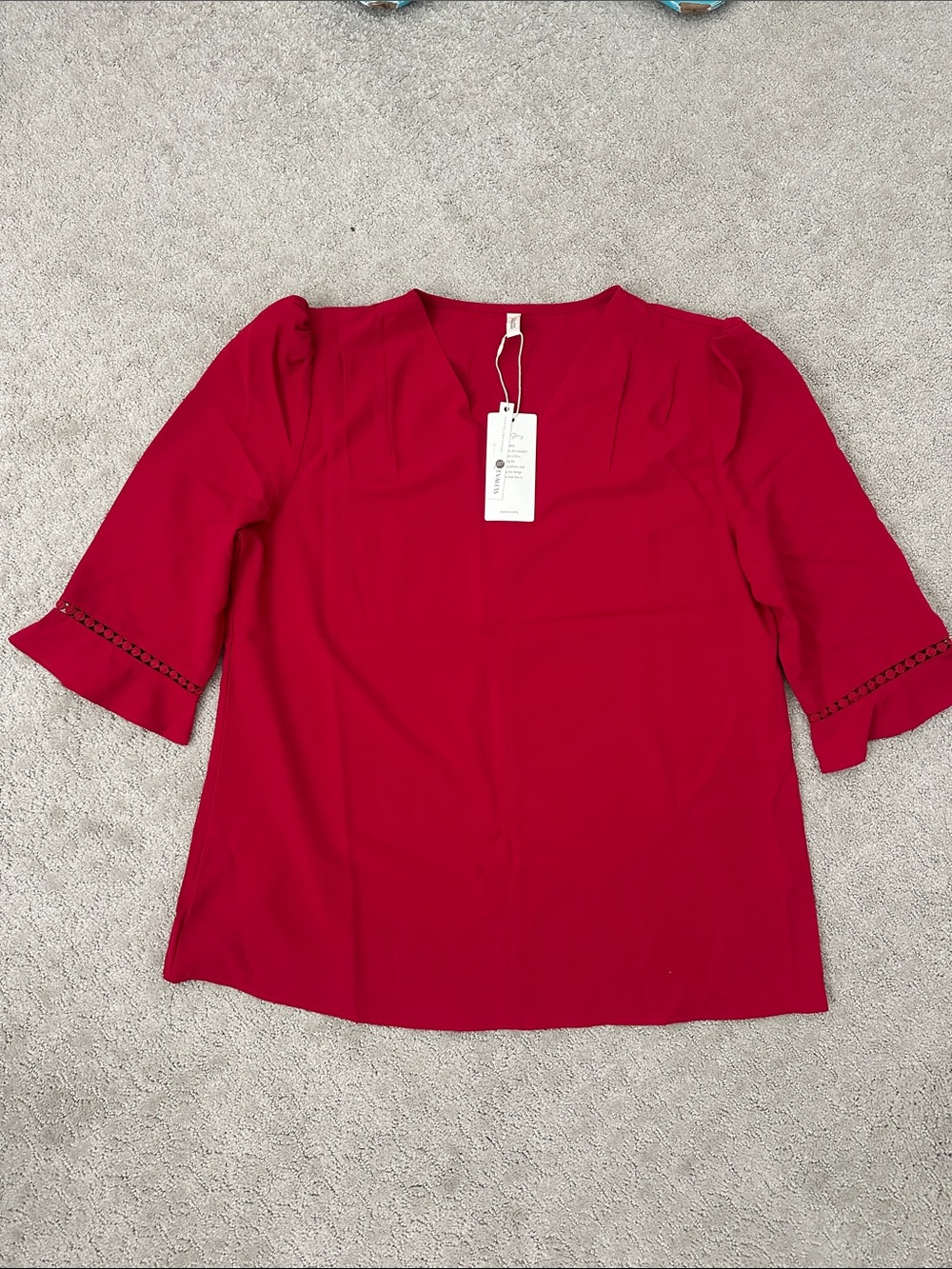 NWT Women’s Red V-Neck Blouse with Flared Sleeve Detail Size XL